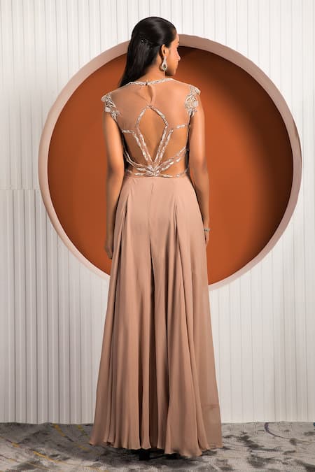 Shop Jade By Ashima Pink Georgette Floral Sweetheart Neck Nettle Embroidered Jumpsuit at Aza Fashions Shop_Jade By Ashima_Pink Georgette Floral Sweetheart Neck Nettle Embroidered Jumpsuit _at_Aza_Fashions