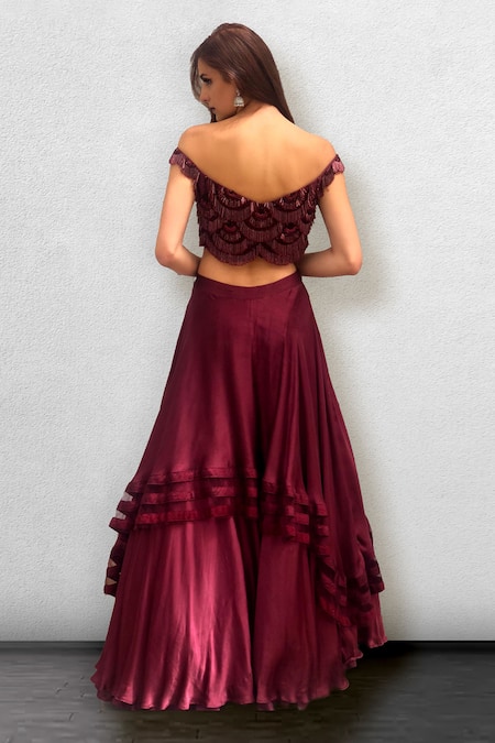Shop_Jade By Ashima_Maroon Blouse Dupion Lehenga Satin V Neck Off Shoulder And Set _at_Aza_Fashions