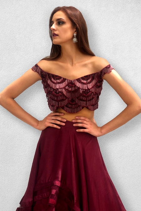 Jade By Ashima_Maroon Blouse Dupion Lehenga Satin V Neck Off Shoulder And Set _Online_at_Aza_Fashions