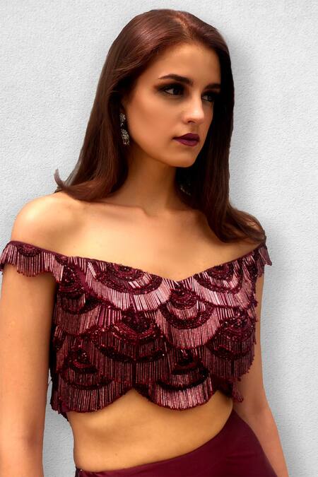 Buy_Jade By Ashima_Maroon Blouse Dupion Lehenga Satin V Neck Off Shoulder And Set _Online_at_Aza_Fashions