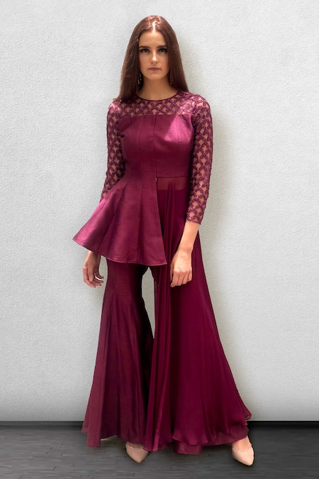 Shop_Jade By Ashima_Maroon Georgette, Blouse Silk  Sharara Round Peplum Tunic And Set _at_Aza_Fashions
