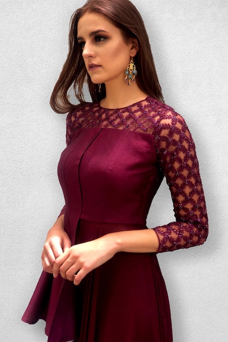 Jade By Ashima_Maroon Georgette, Blouse Silk  Sharara Round Peplum Tunic And Set _Online_at_Aza_Fashions