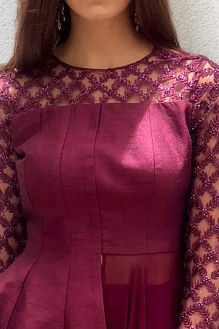Buy_Jade By Ashima_Maroon Georgette, Blouse Silk  Sharara Round Peplum Tunic And Set _Online_at_Aza_Fashions