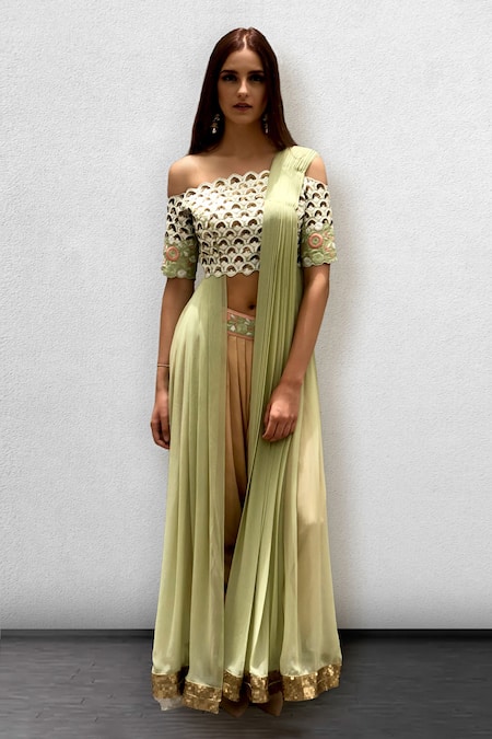Jade By Ashima_Green Blouse Dupion Silk Draped Crop Top And Dhoti Pant Set _Online_at_Aza_Fashions