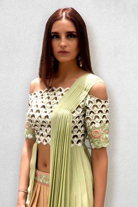 Buy_Jade By Ashima_Green Blouse Dupion Silk Draped Crop Top And Dhoti Pant Set _Online_at_Aza_Fashions