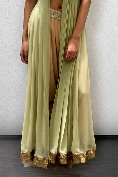 Shop_Jade By Ashima_Green Blouse Dupion Silk Draped Crop Top And Dhoti Pant Set _Online_at_Aza_Fashions