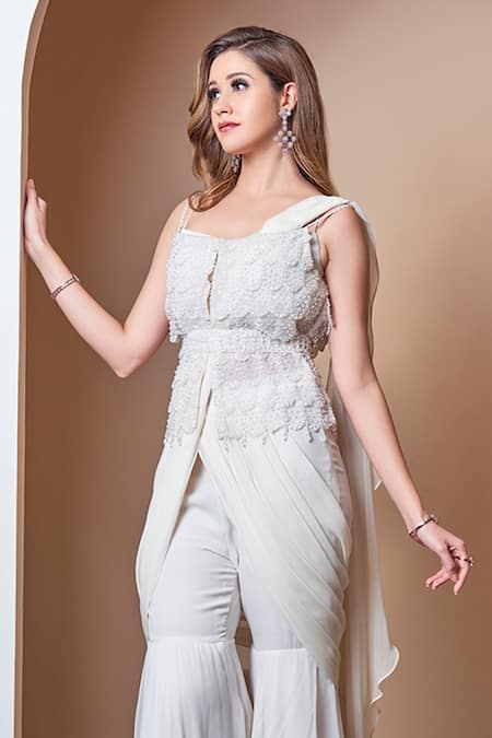 Shop_Jade By Ashima_White Georgette And Organza Stone & Beads Square Pre-draped Pant Saree With Jacket_Online_at_Aza_Fashions