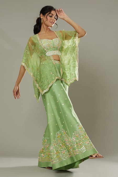 I Am Design_Green Raw , Organza Apple Candy Embroidered Palazzo Set With Kaftan _at_Aza_Fashions