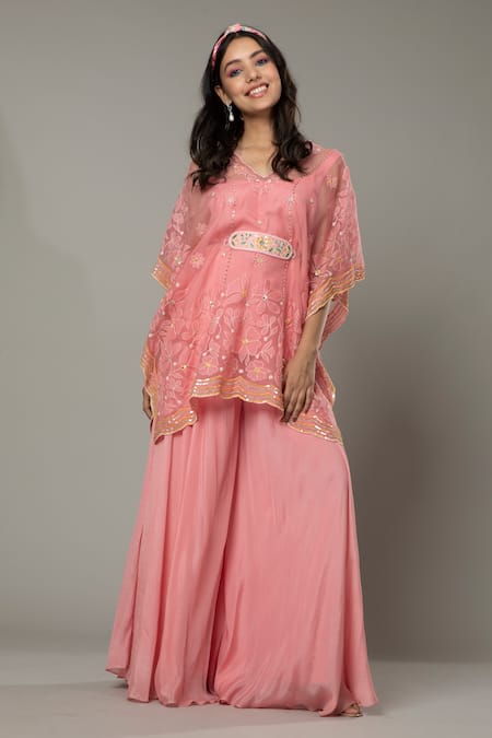 I Am Design Pink Chiffon, Silk Organza Floral Candy Floss Palazzo And Embroidered Kaftan Set at Aza Fashions I Am Design_Pink Chiffon, Silk Organza Floral Candy Floss Palazzo And Embroidered Kaftan Set _at_Aza_Fashions