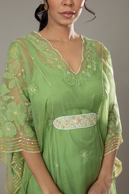 I Am Design Green Silk Organza Floral Appliques, Sequins Apple Candy Kaftan And Pant Set at Aza Fashions I Am Design_Green Silk Organza Floral Appliques, Sequins Apple Candy Kaftan And Pant Set _at_Aza_Fashions