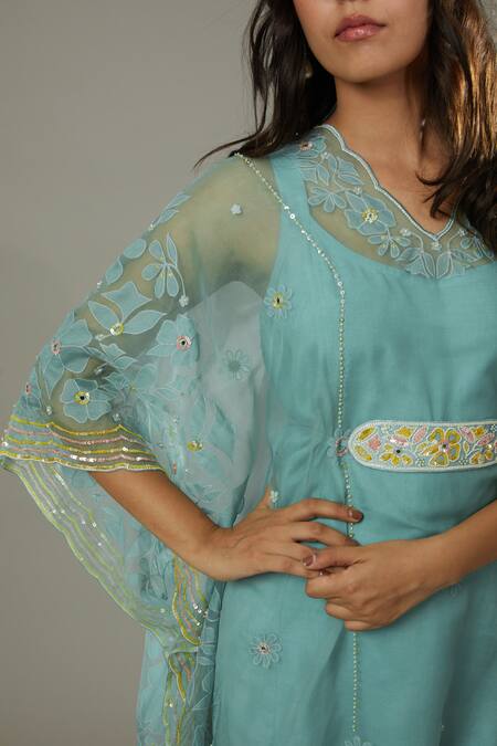 I Am Design_Blue Silk Organza Floral Appliques, Sequins Peppermint Candy Kaftan And Pant Set _at_Aza_Fashions