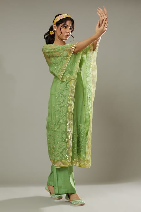 Buy I Am Design Green Silk Organza Floral Appliques, Sequins Apple Candy Kaftan And Pant Set Online at Aza Fashions Buy_I Am Design_Green Silk Organza Floral Appliques, Sequins Apple Candy Kaftan And Pant Set _Online_at_Aza_Fashions