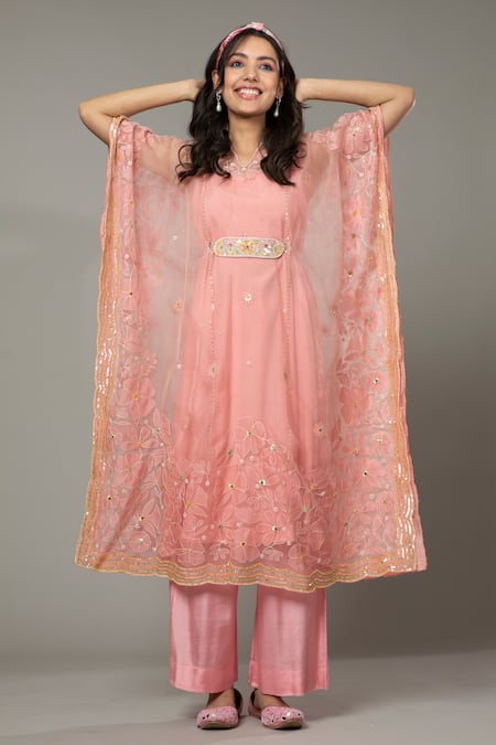 Shop_I Am Design_Pink Silk Organza Floral Appliques, Sequins Candy Floss Kaftan And Pant Set _Online_at_Aza_Fashions