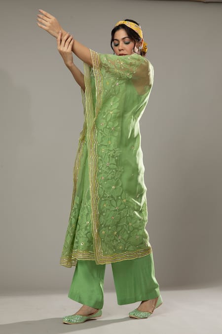 Shop I Am Design Green Silk Organza Floral Appliques, Sequins Apple Candy Kaftan And Pant Set Online at Aza Fashions Shop_I Am Design_Green Silk Organza Floral Appliques, Sequins Apple Candy Kaftan And Pant Set _Online_at_Aza_Fashions