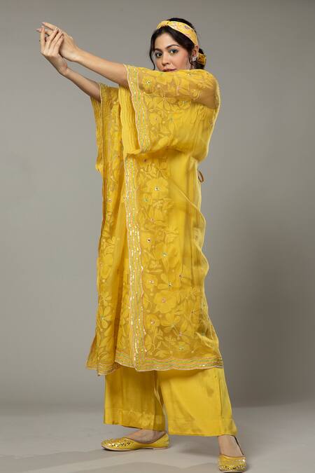 I Am Design_Yellow Silk Organza Floral Appliques, Mango Bite Candy Kaftan And Pant Set _at_Aza_Fashions
