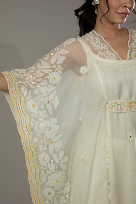 I Am Design Ivory Silk Organza Floral Appliques, Sequins French Vanilla Kaftan And Pant Set at Aza Fashions I Am Design_Ivory Silk Organza Floral Appliques, Sequins French Vanilla Kaftan And Pant Set _at_Aza_Fashions