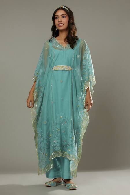 Shop_I Am Design_Blue Silk Organza Floral Appliques, Sequins Peppermint Candy Kaftan And Pant Set _Online_at_Aza_Fashions