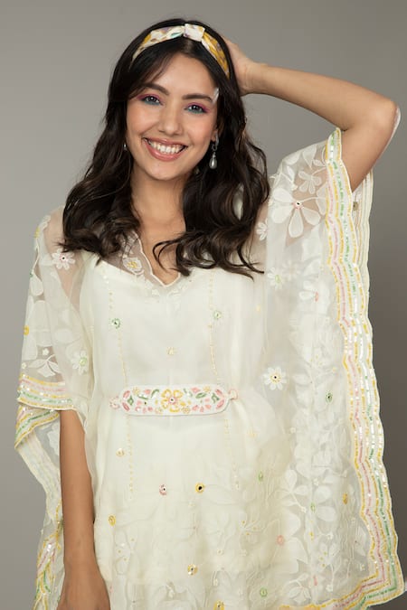 I Am Design Ivory Chiffon, Silk Organza French Vanilla Palazzo And Embroidered Kaftan Set at Aza Fashions I Am Design_Ivory Chiffon, Silk Organza French Vanilla Palazzo And Embroidered Kaftan Set _at_Aza_Fashions