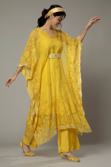 Shop_I Am Design_Yellow Silk Organza Floral Appliques, Mango Bite Candy Kaftan And Pant Set _Online_at_Aza_Fashions