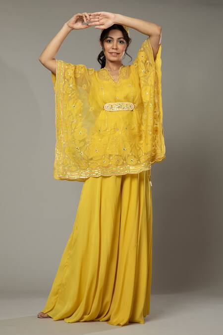 I Am Design Yellow Chiffon, Silk Organza Mango Bite Candy Palazzo And Embroidered Kaftan Set at Aza Fashions I Am Design_Yellow Chiffon, Silk Organza Mango Bite Candy Palazzo And Embroidered Kaftan Set _at_Aza_Fashions