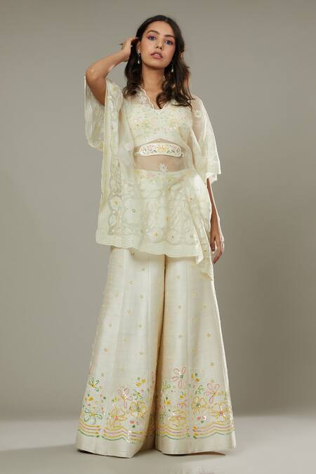 I Am Design Ivory Raw , Organza French Vanilla Embroidered Palazzo Set With Kaftan at Aza Fashions I Am Design_Ivory Raw , Organza French Vanilla Embroidered Palazzo Set With Kaftan _at_Aza_Fashions