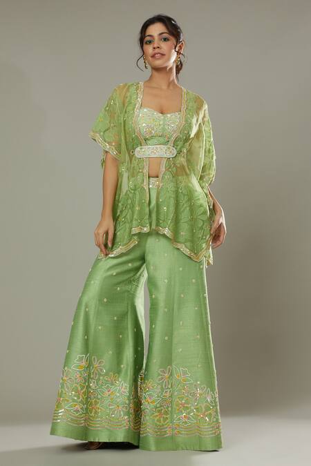Shop_I Am Design_Green Raw , Organza Apple Candy Embroidered Palazzo Set With Kaftan _Online_at_Aza_Fashions