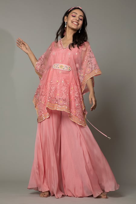 Shop I Am Design Pink Chiffon, Silk Organza Floral Candy Floss Palazzo And Embroidered Kaftan Set Online at Aza Fashions Shop_I Am Design_Pink Chiffon, Silk Organza Floral Candy Floss Palazzo And Embroidered Kaftan Set _Online_at_Aza_Fashions