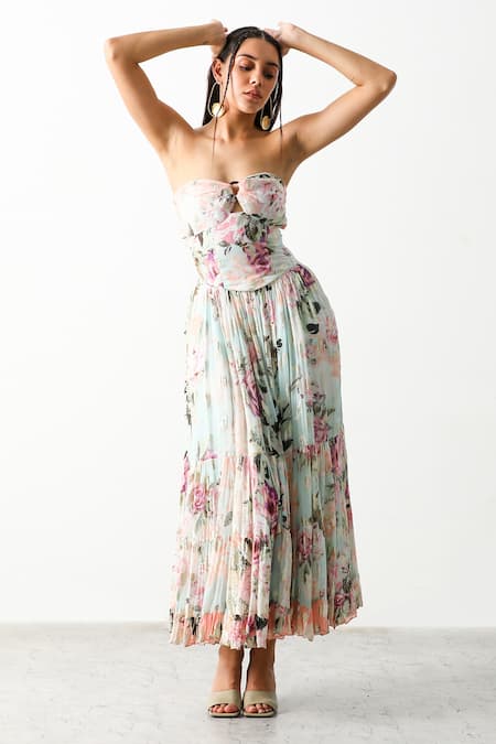 The Iaso_White Cotton Twill Denim Floral Sweetheart Neck Garden Corset Dress _Online_at_Aza_Fashions