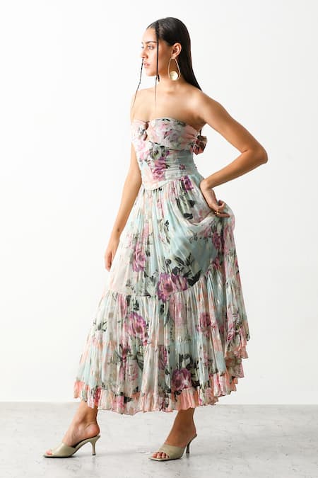 Buy_The Iaso_White Cotton Twill Denim Floral Sweetheart Neck Garden Corset Dress _Online_at_Aza_Fashions