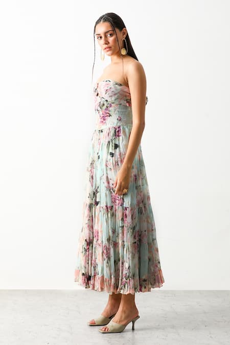 Shop_The Iaso_White Cotton Twill Denim Floral Sweetheart Neck Garden Corset Dress _Online_at_Aza_Fashions