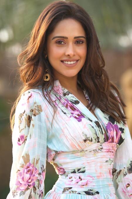 The Iaso_Blue Cotton Floral V Neck Garden Mini Dress _at_Aza_Fashions