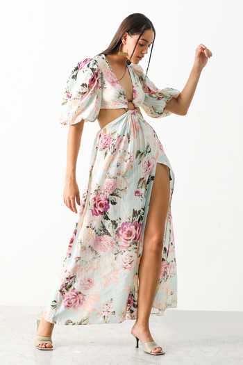 The Iaso_Blue Cotton Floral V Neck Garden Cutout Dress _Online_at_Aza_Fashions