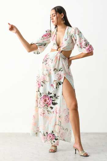 Shop_The Iaso_Blue Cotton Floral V Neck Garden Cutout Dress _Online_at_Aza_Fashions