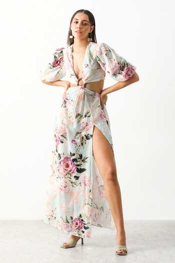 The Iaso_Blue Cotton Floral V Neck Garden Cutout Dress _at_Aza_Fashions