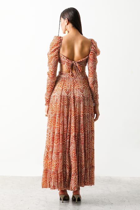 Shop_The Iaso_Brown Viscose Crinkle Chiffon Sinuous Motifs Sander Bandeau And Tiered Skirt Set _at_Aza_Fashions