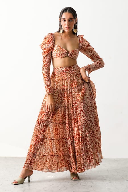The Iaso_Brown Viscose Crinkle Chiffon Sinuous Motifs Sander Bandeau And Tiered Skirt Set _Online_at_Aza_Fashions