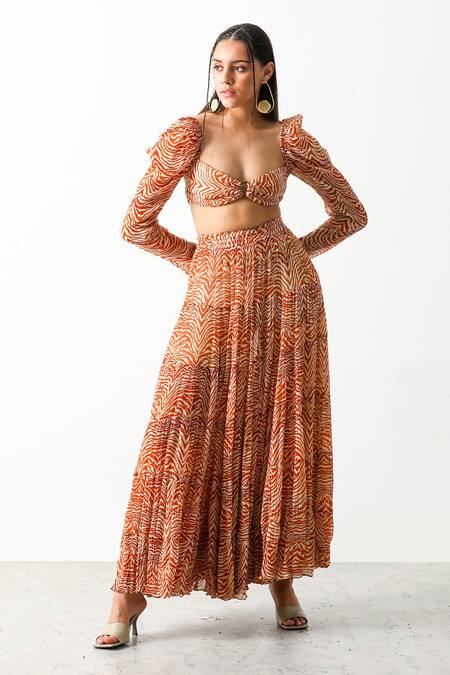 Shop_The Iaso_Brown Viscose Crinkle Chiffon Sinuous Motifs Sander Bandeau And Tiered Skirt Set _Online_at_Aza_Fashions