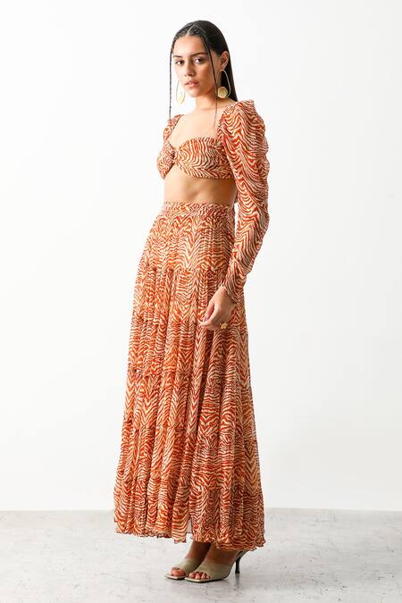 The Iaso_Brown Viscose Crinkle Chiffon Sinuous Motifs Sander Bandeau And Tiered Skirt Set _at_Aza_Fashions