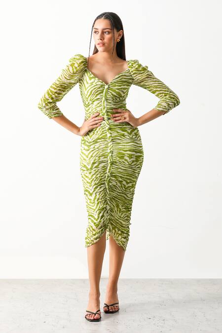 THE IASO_Green Viscose Gold Dot Lurex Chiffon Sinuous Motifs Leaf Sander Bodycon Dress _Online_at_Aza_Fashions