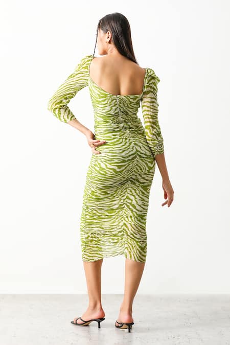 Shop_THE IASO_Green Viscose Gold Dot Lurex Chiffon Sinuous Motifs Leaf Sander Bodycon Dress _at_Aza_Fashions