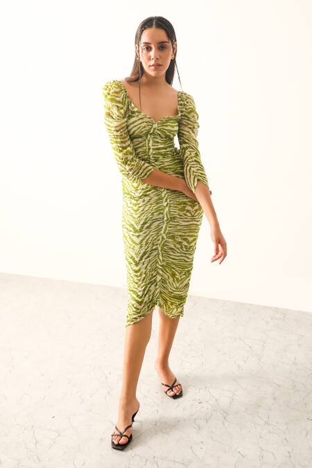 Buy_THE IASO_Green Viscose Gold Dot Lurex Chiffon Sinuous Motifs Leaf Sander Bodycon Dress _Online_at_Aza_Fashions