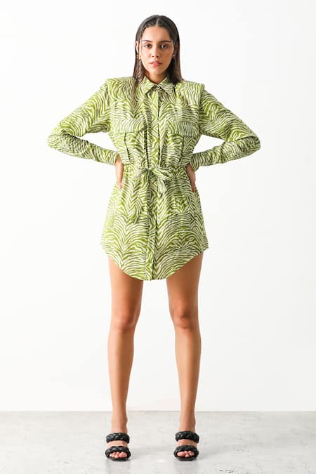Shop_The Iaso_Green Cotton Gingham Self Jacquard Sinuous Motifs Straight Sander Shirt Dress _Online_at_Aza_Fashions