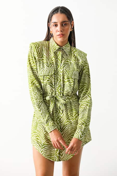 The Iaso_Green Cotton Gingham Self Jacquard Sinuous Motifs Straight Sander Shirt Dress _at_Aza_Fashions