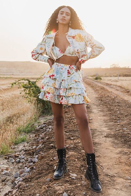 Buy The Iaso Multi Color Canvas Cotton Floral V Neck Feyre Jacket Skirt Set Online at Aza Fashions Buy_The Iaso_Multi Color Canvas Cotton Floral V Neck Feyre Jacket Skirt Set _Online_at_Aza_Fashions