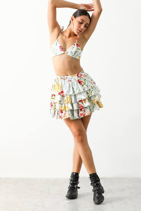 The Iaso_Multi Color Canvas Cotton Floral V Neck Feyre Jacket Skirt Set _Online_at_Aza_Fashions