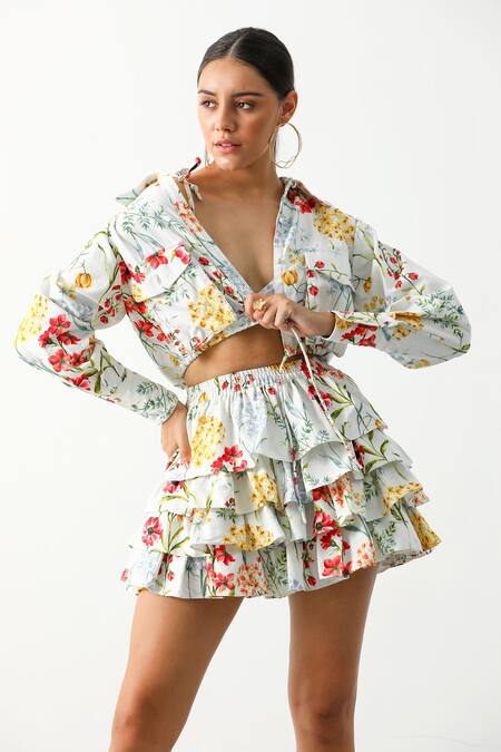 The Iaso_Multi Color Canvas Cotton Floral V Neck Feyre Jacket Skirt Set _at_Aza_Fashions