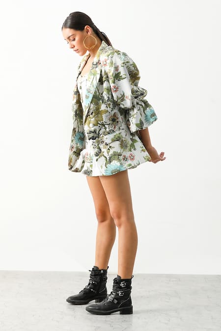 The Iaso_White Polyester Satin Floral Lapel Collar Riona Print Blazer _Online_at_Aza_Fashions