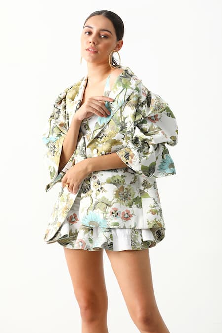 The Iaso_White Polyester Satin Floral Lapel Collar Riona Print Blazer _at_Aza_Fashions