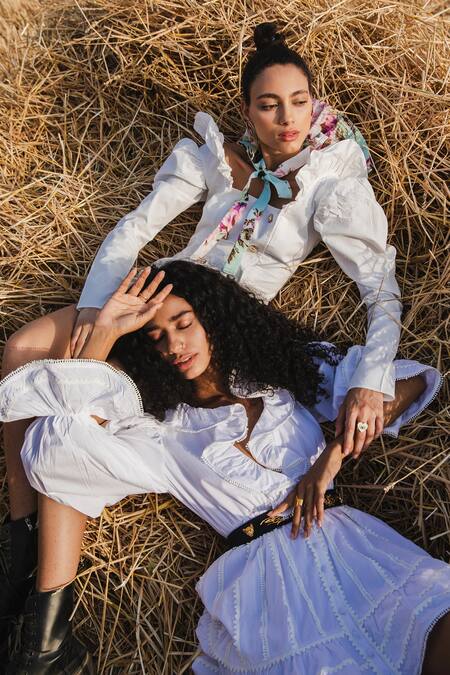 Buy_The Iaso_White Crinkle Cotton Solid Square Neck Sorin Ruffle Shoulder Dress_Online_at_Aza_Fashions