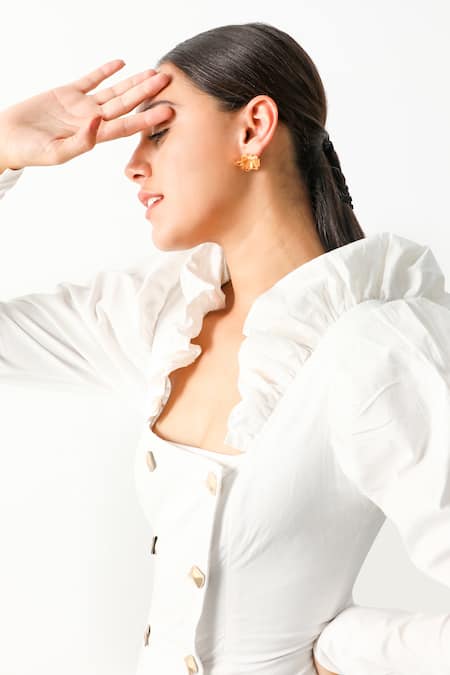 The Iaso_White Crinkle Cotton Solid Square Neck Sorin Ruffle Shoulder Dress_at_Aza_Fashions